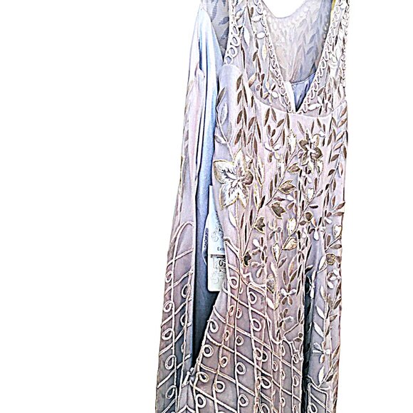 NEW Sue Wong Dress Embroidered V-neck Floral Platinum Silver Bra Nocturne Size 2 - Picture 8 of 16